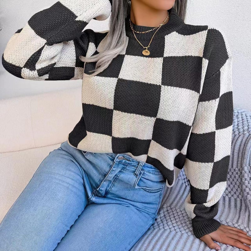 Sumleno Women's Color Block Checkered Crew Neck Long Sleeve Y2K Plaid Knitted Pullover Sweater Tops Vintage Preppy Style Knitwear (Black,M) - Image 3