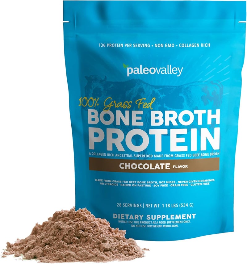 Paleovalley بروتين مسحوق مرق العظام من باليو فالي 100% من لحم العشب بنكهة الشوكولاتة غني بالكولاجين لصحة الشعر والبشرة والأمعاء ودعم العظام والمفاصل 28 حصة - Image 1