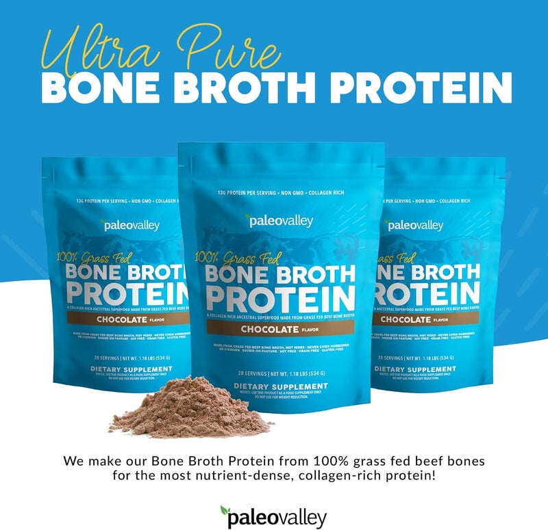 Paleovalley بروتين مسحوق مرق العظام من باليو فالي 100% من لحم العشب بنكهة الشوكولاتة غني بالكولاجين لصحة الشعر والبشرة والأمعاء ودعم العظام والمفاصل 28 حصة - Image 3