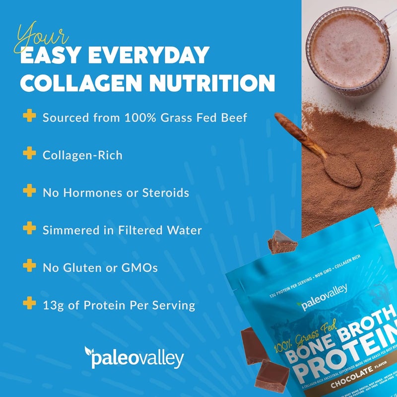 Paleovalley بروتين مسحوق مرق العظام من باليو فالي 100% من لحم العشب بنكهة الشوكولاتة غني بالكولاجين لصحة الشعر والبشرة والأمعاء ودعم العظام والمفاصل 28 حصة - Image 4