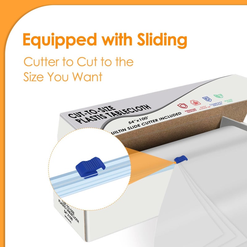 tujol White Disposable Plastic Table Cloth Roll 54" X 100', Plastic Table Cover with Cutter Box, Cut to Size Disposable Tablecloth for Parties - Image 3