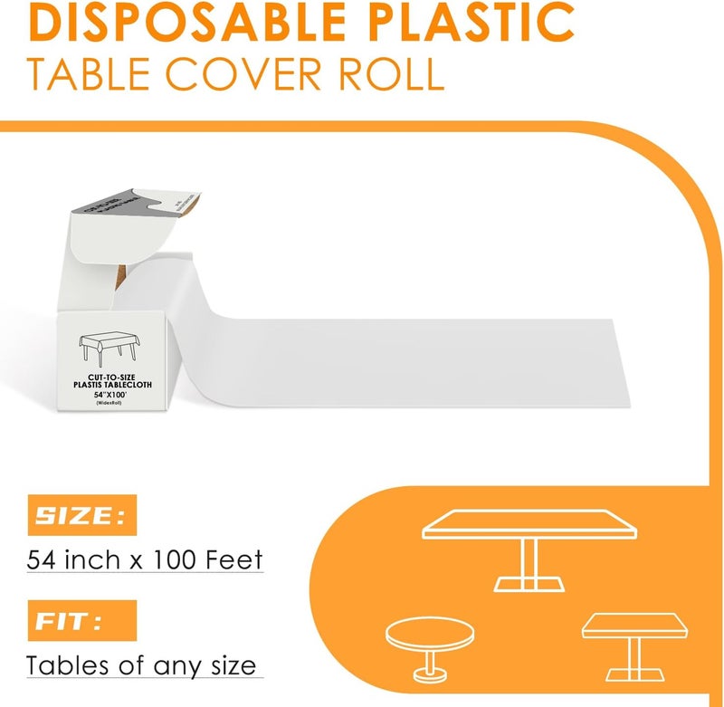 tujol White Disposable Plastic Table Cloth Roll 54" X 100', Plastic Table Cover with Cutter Box, Cut to Size Disposable Tablecloth for Parties - Image 2