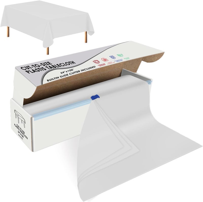 tujol White Disposable Plastic Table Cloth Roll 54" X 100', Plastic Table Cover with Cutter Box, Cut to Size Disposable Tablecloth for Parties - Image 1