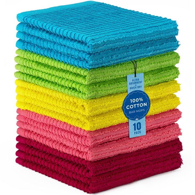 100 COTTON BAR MOPS KITCHEN DISH CLOTHS MULTIPURPOSE CLEANING TOWELS ULTRA ABSORBENT MACHINE WASHABLE QUICK DRY CHEERFUL ASSORTMENT PACK OF 10