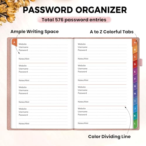 SUNEE Password Book with Colorful Alphabetical Tabs, Password Books for Seniors, Password Keeper Book for Computer and Internet Address Website Login, 5.3''x 7.7''- Rose Gold - Image 2
