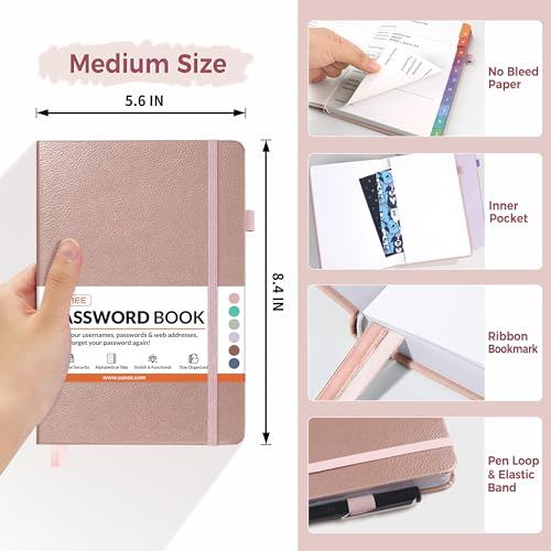 SUNEE Password Book with Colorful Alphabetical Tabs, Password Books for Seniors, Password Keeper Book for Computer and Internet Address Website Login, 5.3''x 7.7''- Rose Gold - Image 4