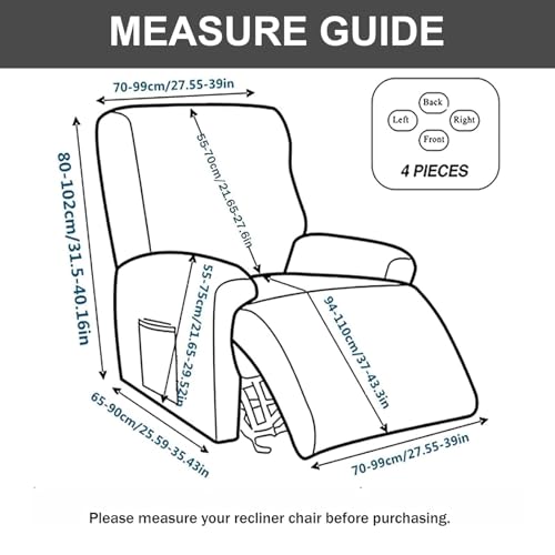 Eco-Ancheng Recliner Slipcovers 4-Pieces Recliner Chair Covers Lazy Boy Chair Covers Stretch Recliner Couch Covers Fitted Non Slip Reclining Slipcovers Furniture Protector for Recliner with Pocket - Image 5
