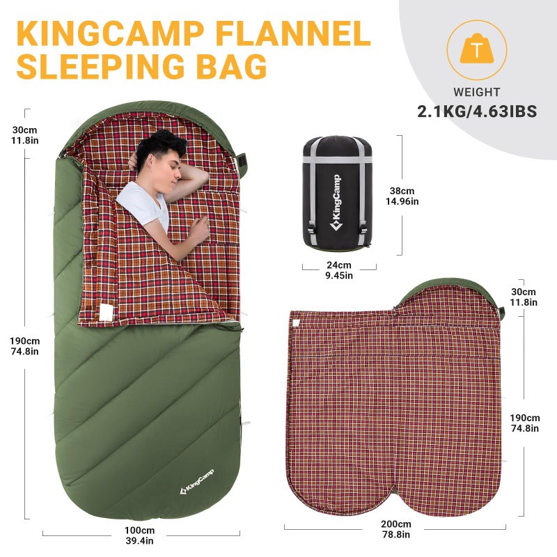 KingCamp Sleep Bag, Winter Sleeping Bag, 4 Seasons Blanket Sleep Bag, Plus Size Cotton Flannel for Adults, Outdoor and Camping, Warm Light, Indoor and Outdoor (Olive) - Image 2
