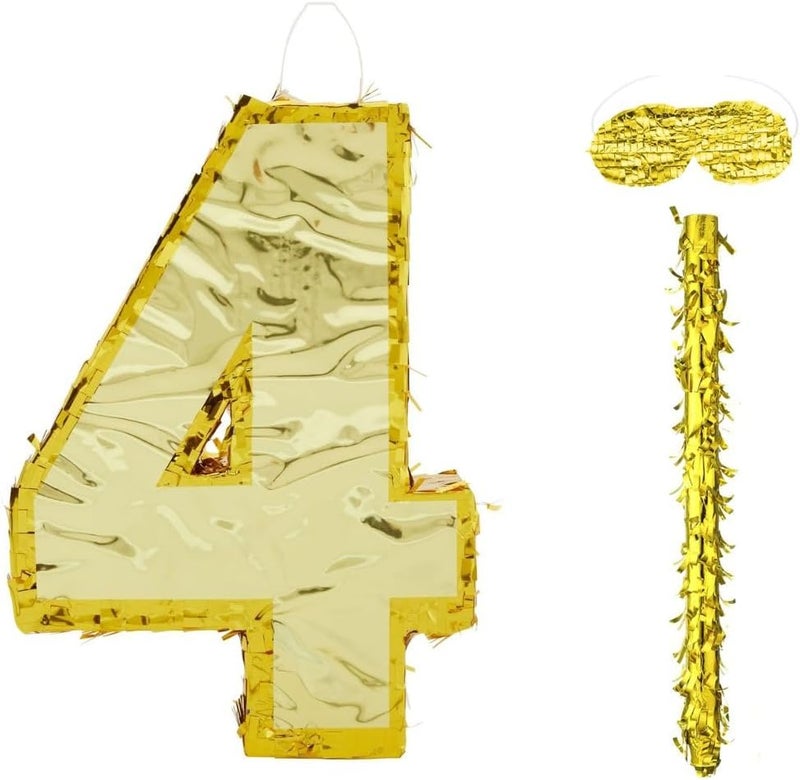 Goldedge 42x30x8cm Number Piñata Birthday Piñata Decorations Gold Foil Piñata with Stick Blindfold Confetti for Boy Girl Birthday Party Decorations Anniversary Celebrations Fiesta Supplies(Number 4) - Image 2