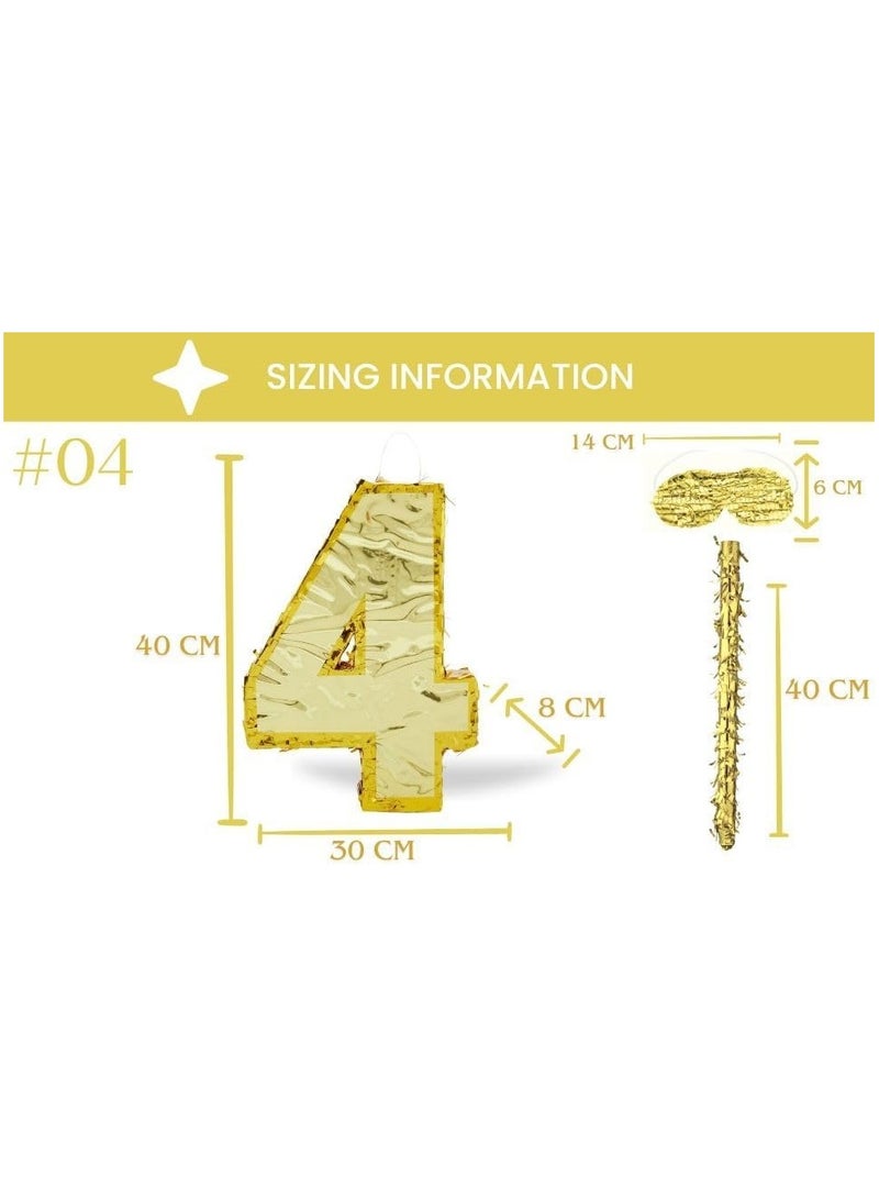 Goldedge 42x30x8cm Number Piñata Birthday Piñata Decorations Gold Foil Piñata with Stick Blindfold Confetti for Boy Girl Birthday Party Decorations Anniversary Celebrations Fiesta Supplies(Number 4) - Image 3