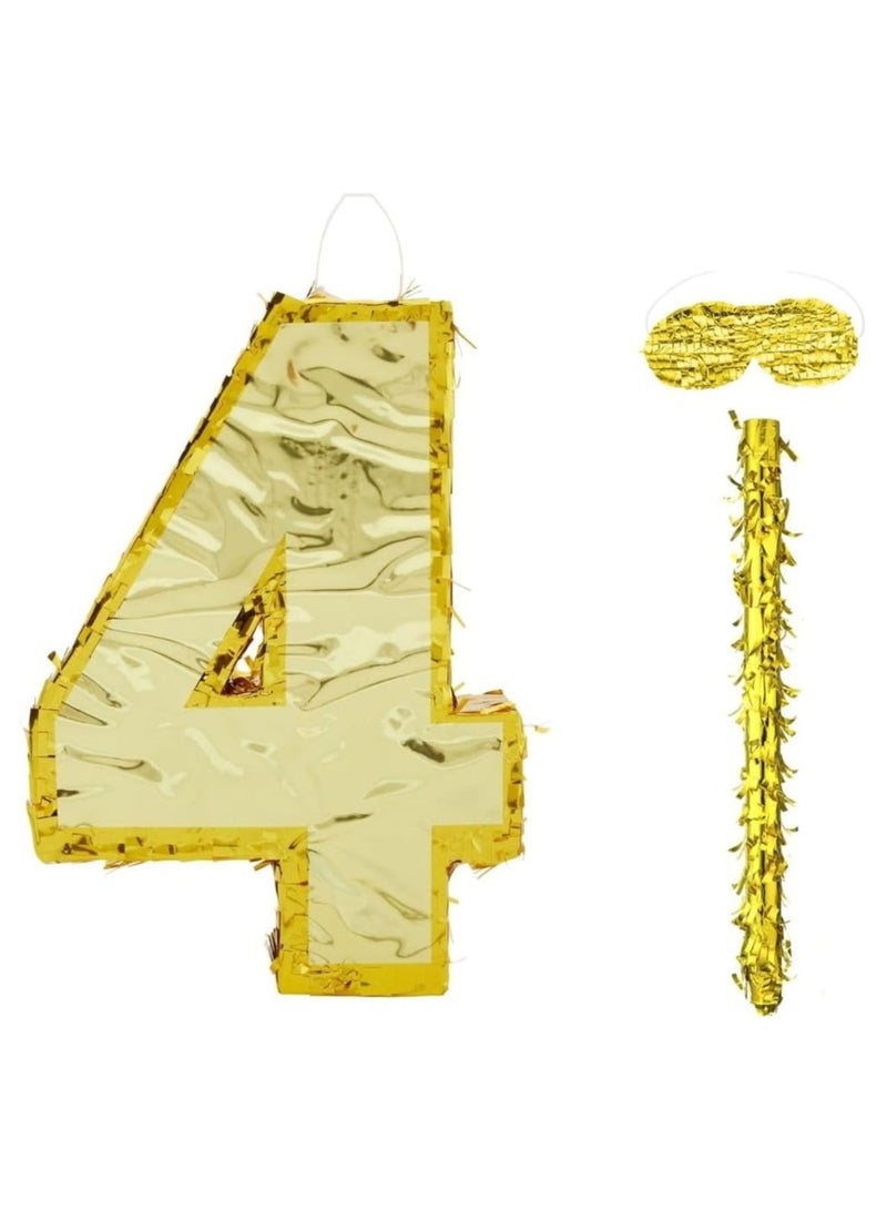 Goldedge 42x30x8cm Number Piñata Birthday Piñata Decorations Gold Foil Piñata with Stick Blindfold Confetti for Boy Girl Birthday Party Decorations Anniversary Celebrations Fiesta Supplies(Number 4) - Image 1