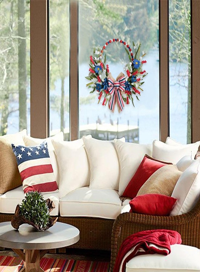 TEMPUS 16" Patriotic Tri-Coloured Wooden Bead Wreath，Red White and Blue Independence Day Floral Burlap Bow Wreath,for Front Door Memorial Day Flag Day Veterans Day - Image 5