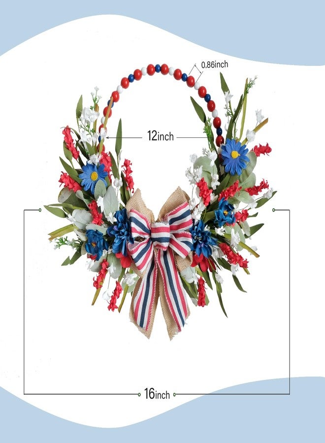 TEMPUS 16" Patriotic Tri-Coloured Wooden Bead Wreath，Red White and Blue Independence Day Floral Burlap Bow Wreath,for Front Door Memorial Day Flag Day Veterans Day - Image 3