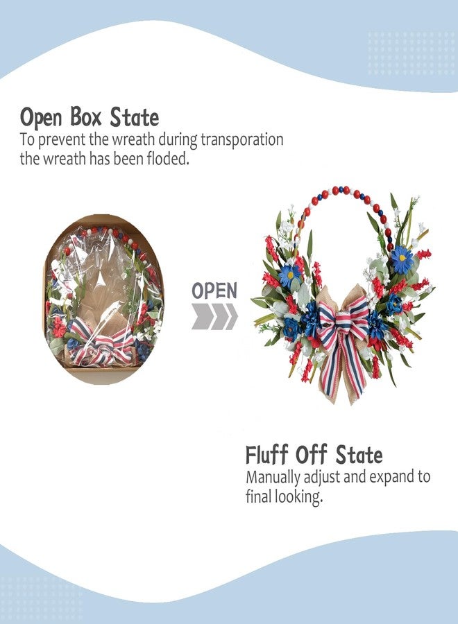 TEMPUS 16" Patriotic Tri-Coloured Wooden Bead Wreath，Red White and Blue Independence Day Floral Burlap Bow Wreath,for Front Door Memorial Day Flag Day Veterans Day - Image 4