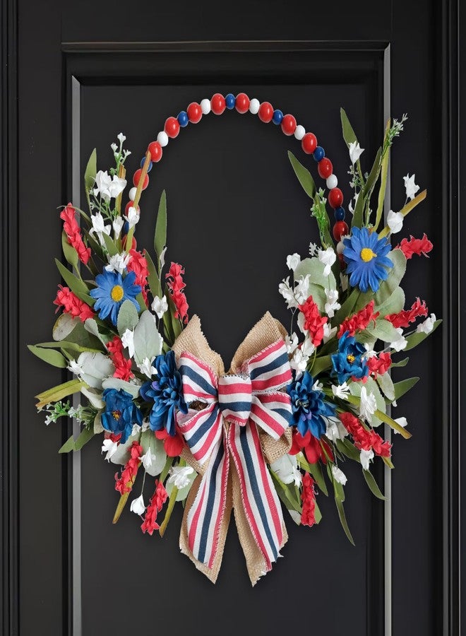 TEMPUS 16" Patriotic Tri-Coloured Wooden Bead Wreath，Red White and Blue Independence Day Floral Burlap Bow Wreath,for Front Door Memorial Day Flag Day Veterans Day - Image 1