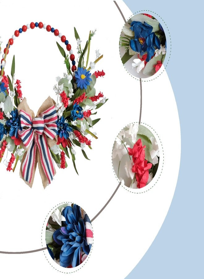 TEMPUS 16" Patriotic Tri-Coloured Wooden Bead Wreath，Red White and Blue Independence Day Floral Burlap Bow Wreath,for Front Door Memorial Day Flag Day Veterans Day - Image 2