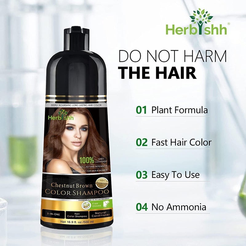 Herbishh Ultimate Hair Color Shampoo Kit - Chestnut Brown (3Pcs Hair Color Shampoo 500 ml + 1 Argan Hair Mask 150 ml) - Image 5