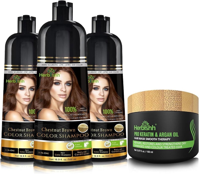 Herbishh Ultimate Hair Color Shampoo Kit - Chestnut Brown (3Pcs Hair Color Shampoo 500 ml + 1 Argan Hair Mask 150 ml) - Image 1