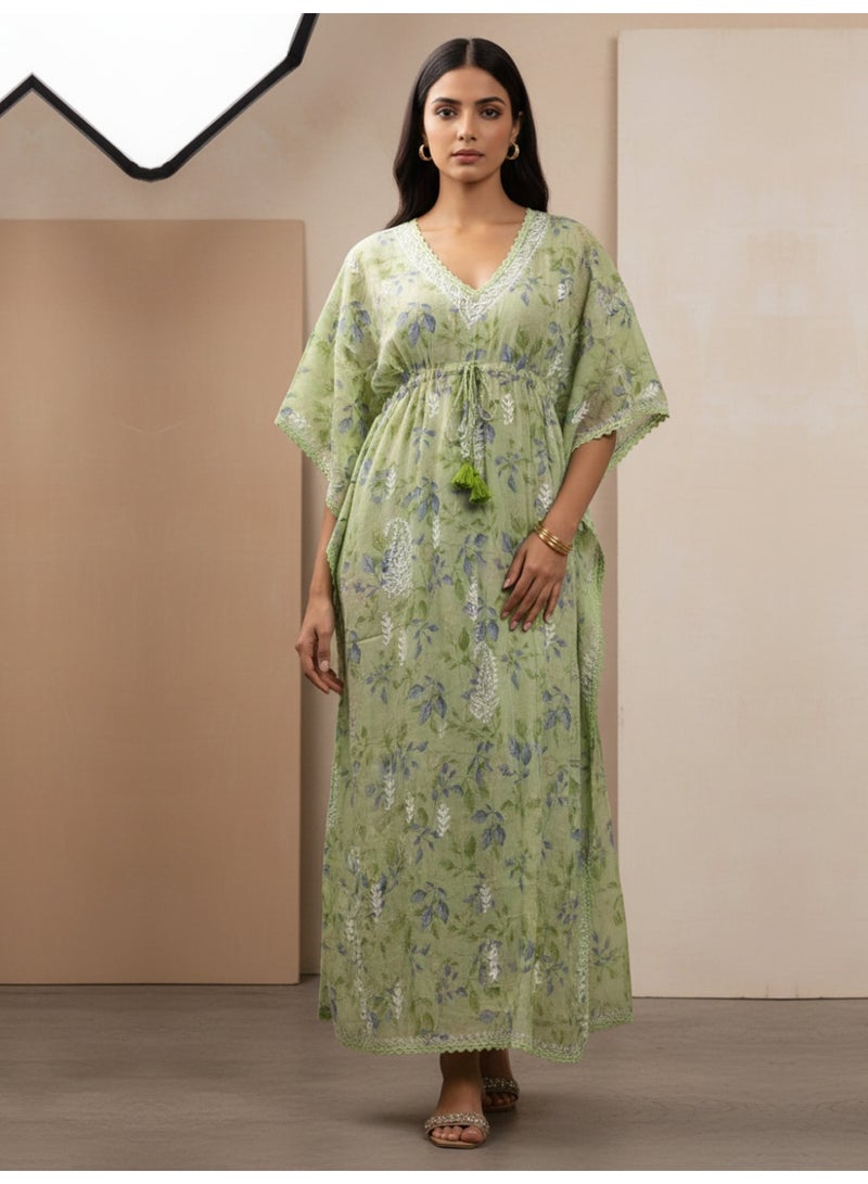 Alaya Hand Embroidered Chikankari Cotton Kaftan-AL3833 - Image 1