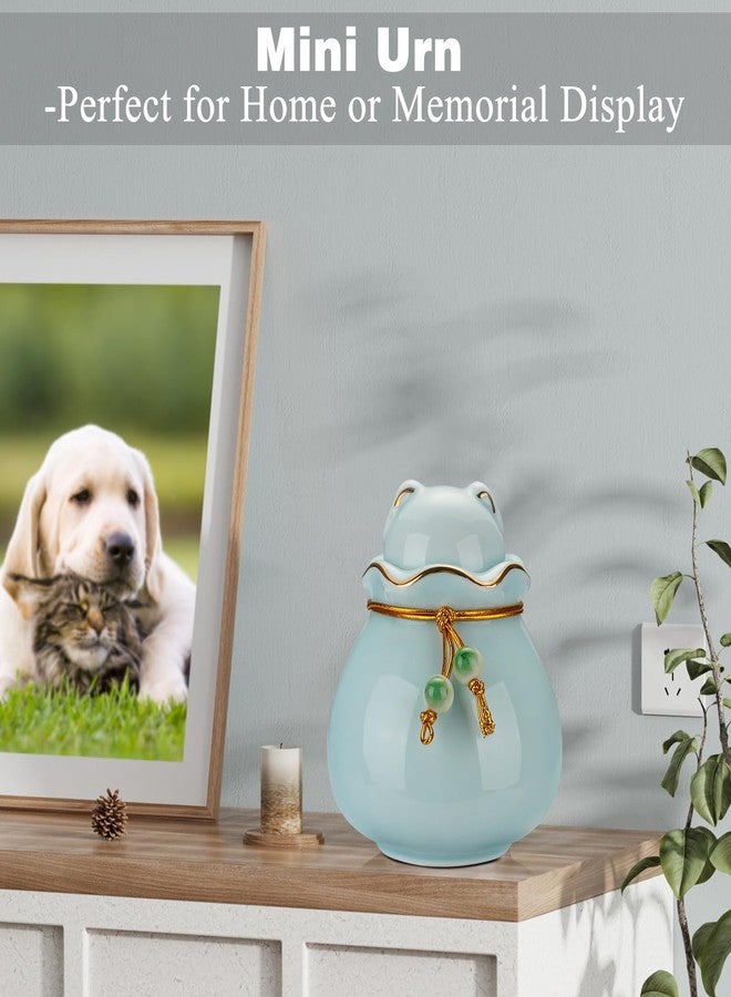 SOITIS Pet Memorial Urn for Cat or Dog Ashes - 3.54"x3.15" Elegant Ceramic Keepsake with Cat-Shaped Lid & Gold Trim, Small Blue Urn for Pet Ashes - Image 5