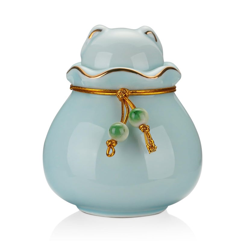 SOITIS Pet Memorial Urn for Cat or Dog Ashes - 3.54"x3.15" Elegant Ceramic Keepsake with Cat-Shaped Lid & Gold Trim, Small Blue Urn for Pet Ashes - Image 1