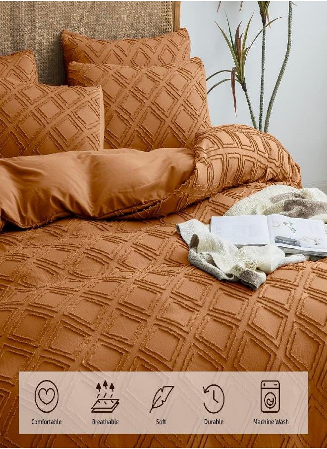 JELLYMONI - JELLYMONI Duvet Cover King, Rust Microfiber Tufted Duvet Cover Set, Boho Textured Duvet Cover Jacquard Rhombus Geometric Pattern Duvet Cover with Corner Ties & Zipper Closure - Image 1