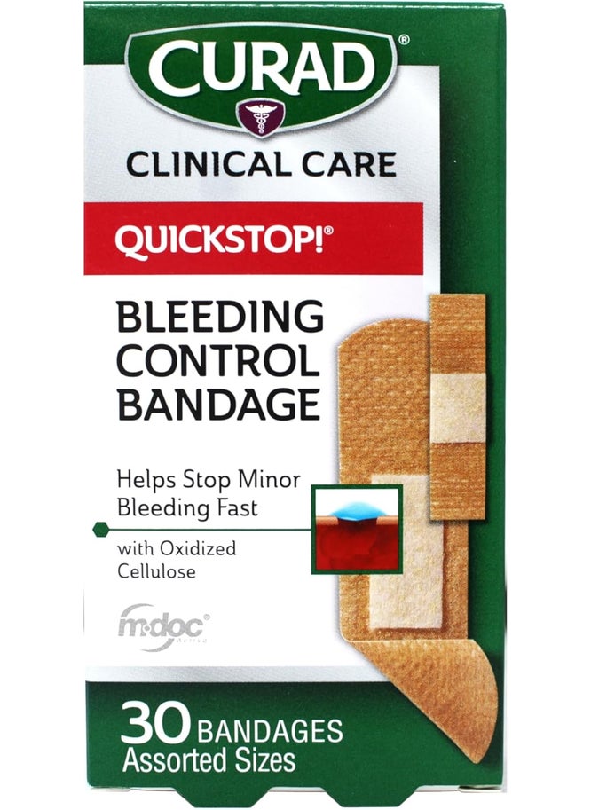 Curad QuickStop Bleeding Control Bandages, Assorted Sizes, 30 Count (Pack of 4)