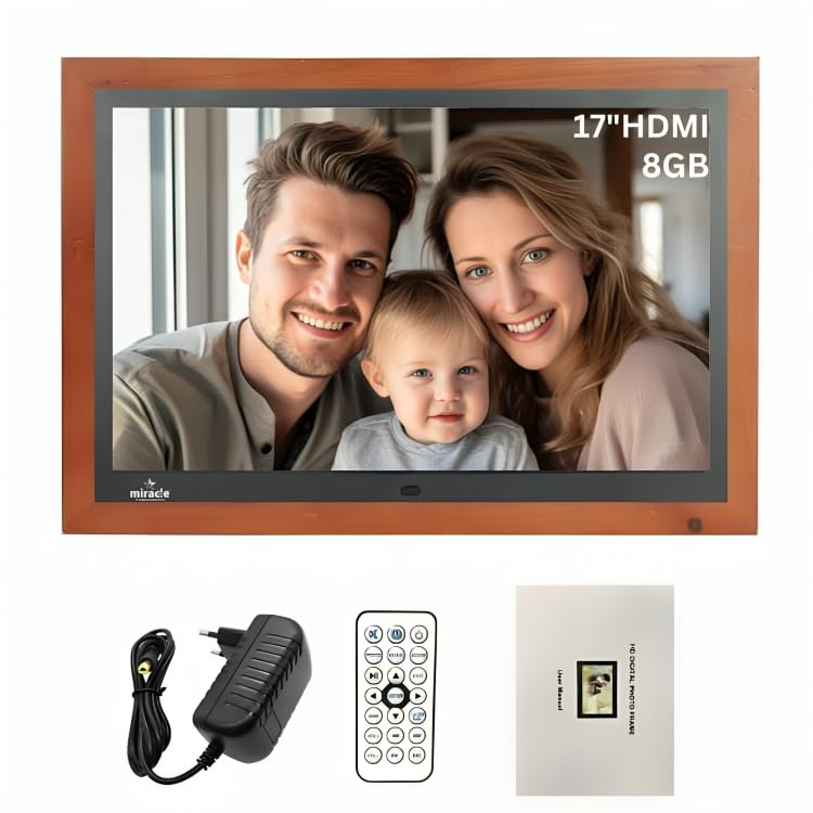 miracle digital 17 inch HDMI Wooden Dark Hi-Def Digital Photo Frame with Premium Mirror Finish,USB,SD Card,USB, Remote Photos Slide Show,Video in-Built 8GB Memory 2GB RAM Built-in 2 Stereo Speakers - Image 1