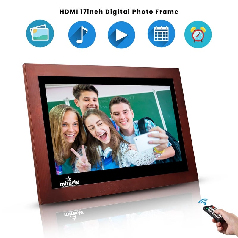 miracle digital 17 inch HDMI Wooden Dark Hi-Def Digital Photo Frame with Premium Mirror Finish,USB,SD Card,USB, Remote Photos Slide Show,Video in-Built 8GB Memory 2GB RAM Built-in 2 Stereo Speakers - Image 5