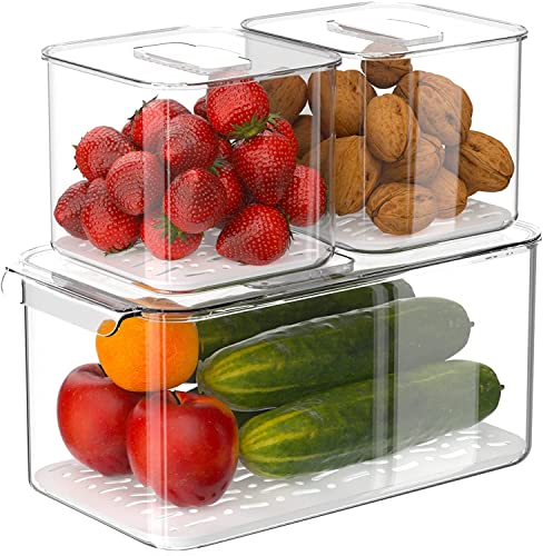 Slideep Food Storage Containers Produce Saver with Lids, Stackable Refrigerator Freezer Organizer Bins with Removable Drain Tray, Fridge Fresh Keeper for Veggie, Berry, Fruits, Vegetables 3 Pack - Image 1