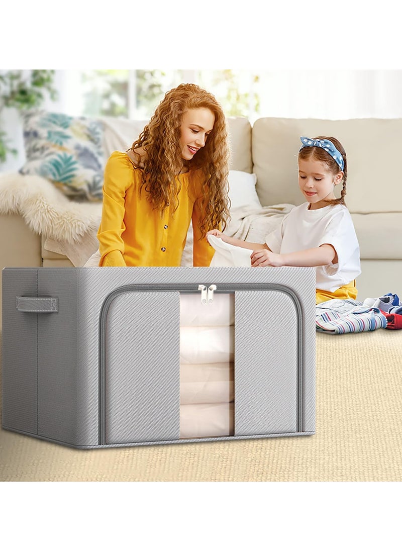 Beauenty 66L Clothes Storage Bins with Metal Frame,Foldable Storage Bin for Clothing Storage Bins,Stackable Clothes Container Organizer with Lid,Linen Storage Box With Clear Window,Zippers,Durable Handles  - Image 4