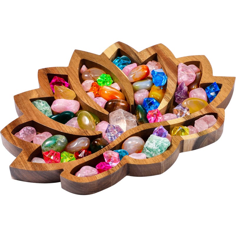 Vesici Vesici Lotus Crystal Tray for Stones Crystals and Healing Stones Flower Wooden Crystal Storage Holder Tray Lotus Shape Decorative Jewelry Display Trays Organizer Bowl DecorClassic 