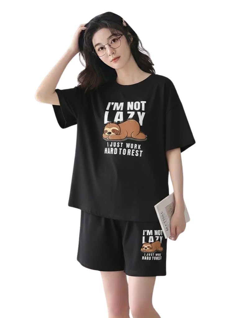 SMOWKLY Women Cotton Blend Night Suit | Short Night Dress Set for Women | Soft Printed T-Shirt & Shorts Pajama Set | Comfortable Summer Nightwear for Ladies & Girls(1596_BK_XL) Coal Black - Image 5