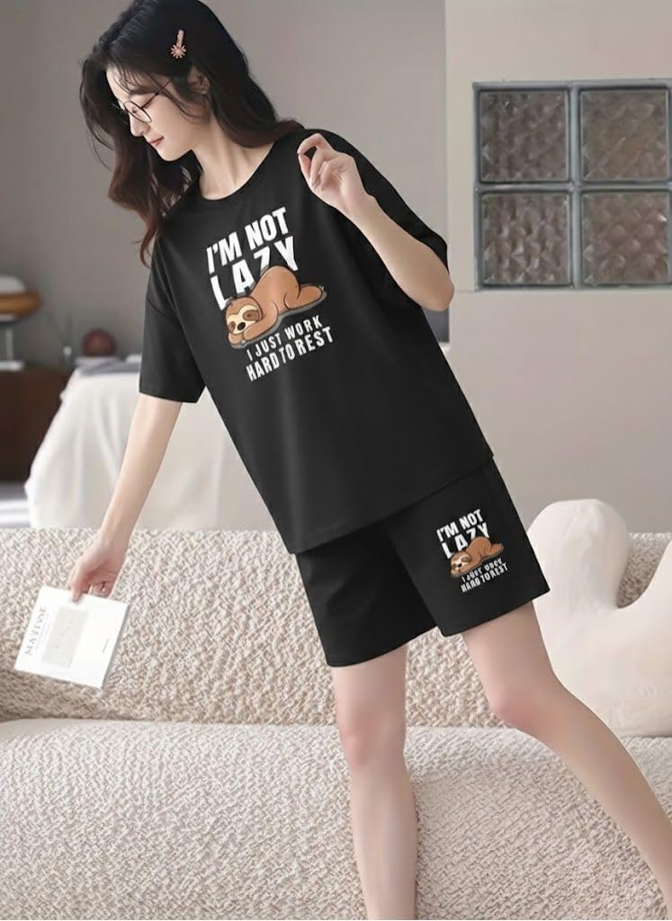 SMOWKLY Women Cotton Blend Night Suit | Short Night Dress Set for Women | Soft Printed T-Shirt & Shorts Pajama Set | Comfortable Summer Nightwear for Ladies & Girls(1596_BK_XL) Coal Black - Image 3