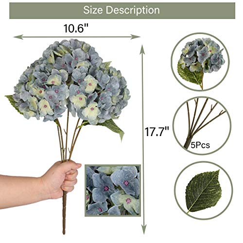 Louiesya Artificial Flowers Silk Hydrangea Flowers with 5 Heads Fake Flower Bunch Bouquet for Home Wedding Party Decor DIY (Bluish Green,5 Flower Heads) - Image 2