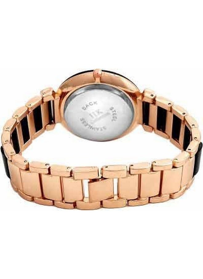 IIK Collection - IIK COLLECTION Women's Round Studded Dial Metal Bracelet Chain Strap Analogue Wrist Watch [Black-Rose Gold] - Image 1