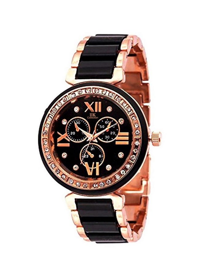 IIK Collection - IIK COLLECTION Women's Round Studded Dial Metal Bracelet Chain Strap Analogue Wrist Watch [Black-Rose Gold] - Image 1