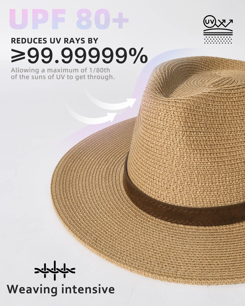 FURTALK Womens Mens Wide Brim Straw Panama Hat Fedora Summer Beach Sun Hats UPF Straw Hat for Women - Image 2