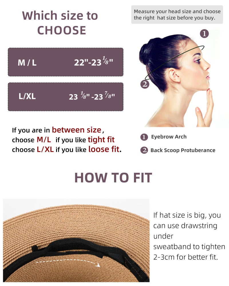 FURTALK Womens Mens Wide Brim Straw Panama Hat Fedora Summer Beach Sun Hats UPF Straw Hat for Women - Image 3