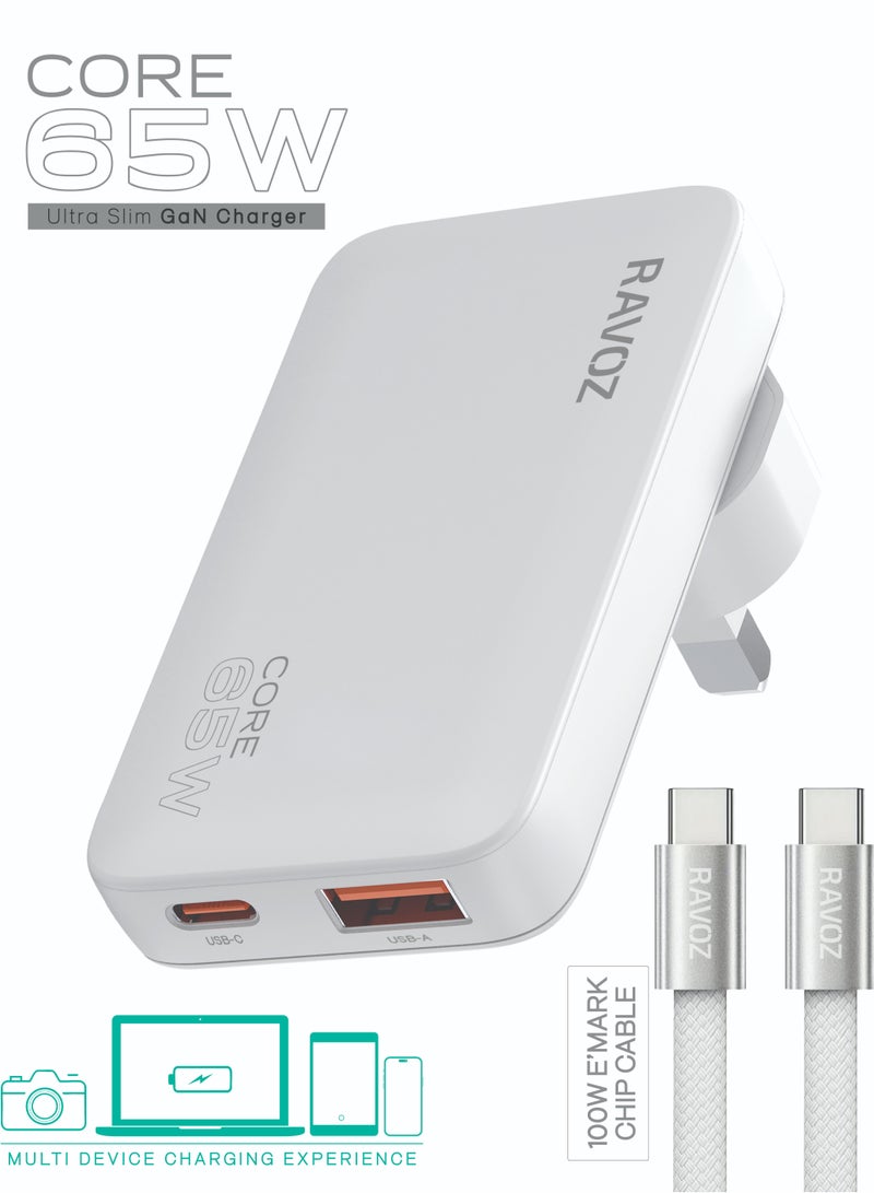 رافوز شاحن سريع Ravoz Core 65 بقوة 65 واط بتقنية GaN، مزود بمنافذ USB-C وUSB-A، لشحن أجهزة الكمبيوتر المحمولة، يدعم الشحن السريع بقوة 27 واط، وكابل E-Marker من النوع C بقوة 100 واط، وقابس قابل للطي متوافق مع الاتحاد الأوروبي والولايات المتحدة. - Image 1