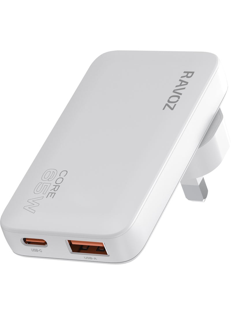 رافوز شاحن سريع Ravoz Core 65 بقوة 65 واط بتقنية GaN، مزود بمنافذ USB-C وUSB-A، لشحن أجهزة الكمبيوتر المحمولة، يدعم الشحن السريع بقوة 27 واط، وكابل E-Marker من النوع C بقوة 100 واط، وقابس قابل للطي متوافق مع الاتحاد الأوروبي والولايات المتحدة. - Image 3