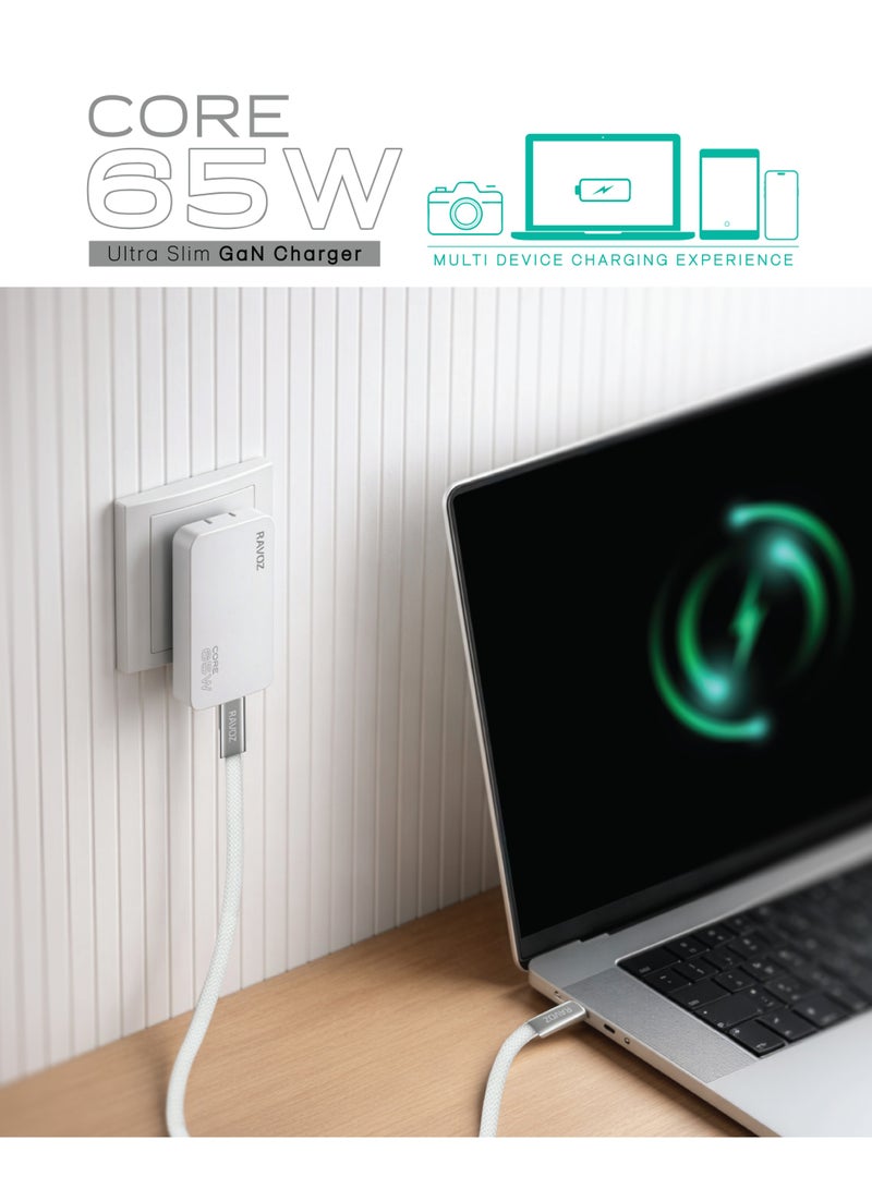 رافوز شاحن سريع Ravoz Core 65 بقوة 65 واط بتقنية GaN، مزود بمنافذ USB-C وUSB-A، لشحن أجهزة الكمبيوتر المحمولة، يدعم الشحن السريع بقوة 27 واط، وكابل E-Marker من النوع C بقوة 100 واط، وقابس قابل للطي متوافق مع الاتحاد الأوروبي والولايات المتحدة. - Image 4