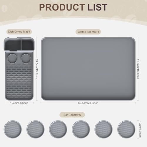 Garolue Silicone Coffee Mat with 6 Coasters,24"x16" Counter Bar Mat Fits Under Coffee Maker/Pot & Espresso Machine, Bar Aceessories,Detachable Drying Pad for Tamper,Sugar Packets,Cups & Countertop Protection - Image 2