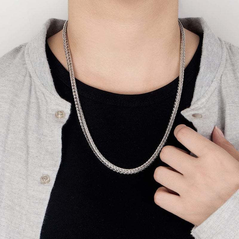H&Beautimer Men 925 Sterling Silver Dragon Chain Necklace Fashion 5MM-20 22" 24" 26" Solid Thick squareLink Choker Golden Jewelry Gift (22 inches, Silver) - Image 2