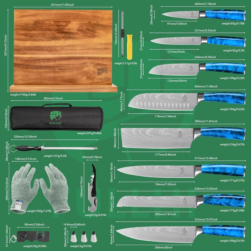 FULLHI 14/15pcs Japanese Multiple Colour Premium German Stainless Steel Kitchen Knife Set (Blue, Magnetic Block Knife set) - Image 2