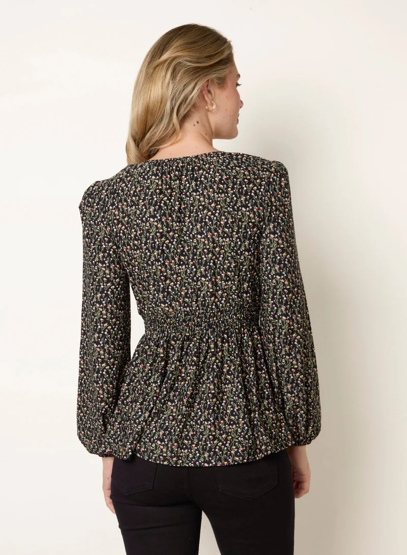 بلو فانيلا V Neck Button Front Peplum Top