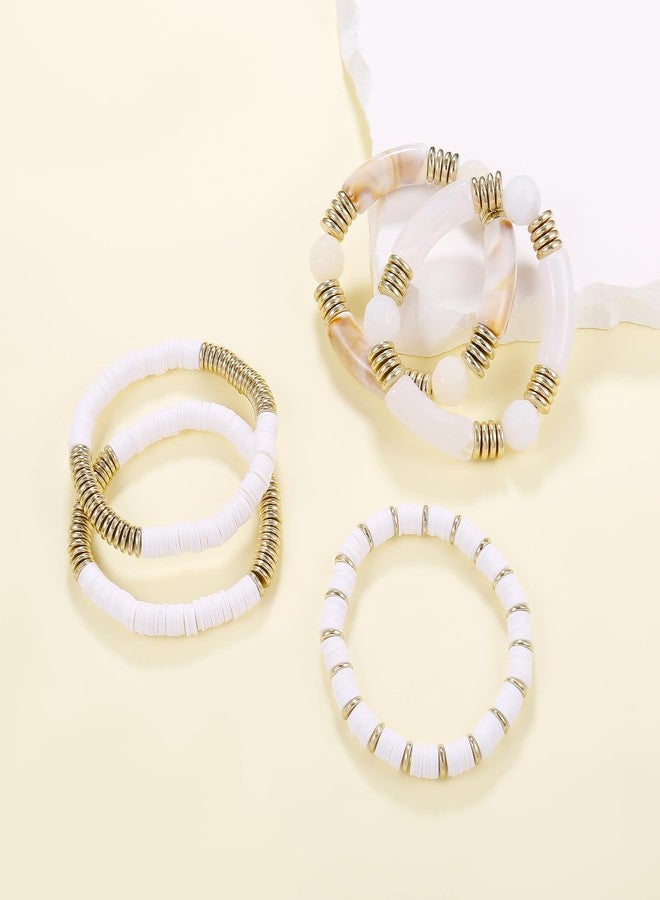 Badu White Bamboo Tube Bangles Bracelet Chunky Curved Stacking Clear Acrylic Colorful Beads Stretchable Friendship Gold Bracelets Gifts For Bestfriends, Couple, Family Members, Siblings, Sister, Lover - Image 5