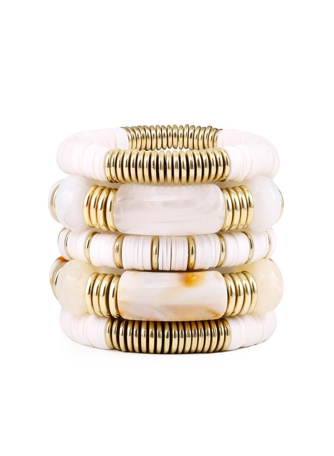 Badu White Bamboo Tube Bangles Bracelet Chunky Curved Stacking Clear Acrylic Colorful Beads Stretchable Friendship Gold Bracelets Gifts For Bestfriends, Couple, Family Members, Siblings, Sister, Lover - Image 1