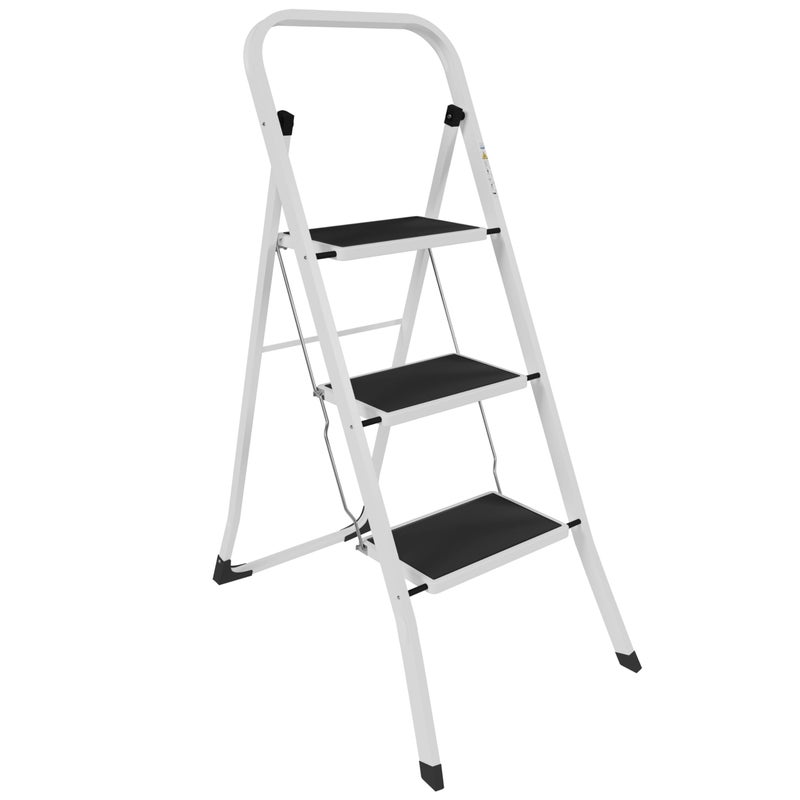 Home Vida 3 Step Ladder - Heavy Duty Steel Folding Ladder with Slip-Resistant and Wide Steps, Folding Mechanism, 150kg Max Load, Home/Kitchen/DIY/Garden Use, White - Image 1