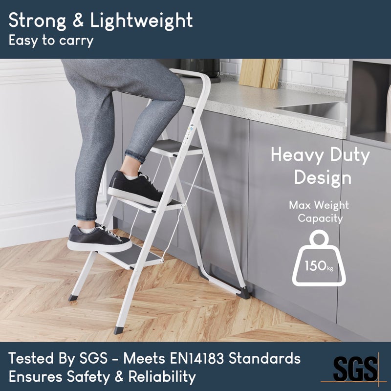 Home Vida 3 Step Ladder - Heavy Duty Steel Folding Ladder with Slip-Resistant and Wide Steps, Folding Mechanism, 150kg Max Load, Home/Kitchen/DIY/Garden Use, White - Image 3